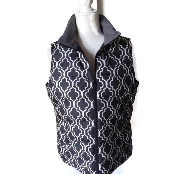Puffer Down Vest/ Land's End/ Black & White Arabesque/ Size Med 10-12 - Picture 2 of 6